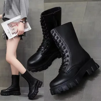 Зимние Новые Женские повседневные ботинки, Модные теплые ботинки, военные ботинки из искусственной кожи высшего качества на платформе, Размер 35-43, женские