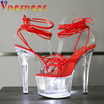 Летняя новая модная женская обувь с перекрестной шнуровкой, пикантная модель на тонком ремешке, туфли-лодочки на высоком каблуке, прозрачные вечерние светящиеся сандалии на платформе