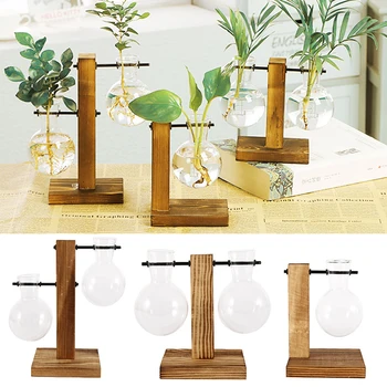 Растения Террариум для гидропоники Офисная станция для размножения растений с деревянной подставкой в стиле ретро Стеклянная кашпо для домашнего рабочего стола