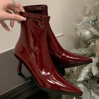 Лакированная кожа Бордово-бежевого цвета, женские туфли с острым носком на тонком высоком каблуке, носки-ботфорты, осенне-зимние ботинки на шпильке