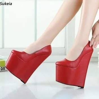 Женские туфли-лодочки ручной работы Sukeia на платформе, без шнуровки, на танкетке, с круглым носком, красивые красные вечерние туфли, большие размеры США 5-20