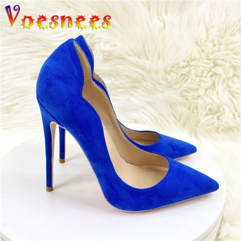 Женские элегантные замшевые свадебные туфли на высоком каблуке с острым носком 10 см, синие замшевые туфли-лодочки большого размера для ночного клуба, модная офисная обувь