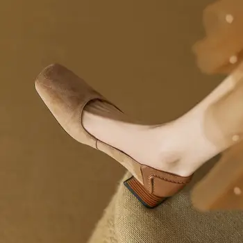 Размер 34-42, Женская обувь на каблуке из натуральной кожи из Овчины, Однотонная Модная обувь Для девочек, Обувь на толстом высоком каблуке, Удобная для ходьбы