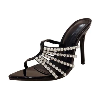 Летние новые женские роскошные босоножки со стразами на тонком каблуке, острый носок, Ультравысокие каблуки, Большие женские туфли 35-41