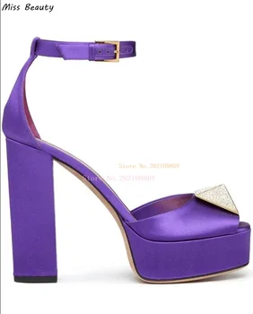 Фиолетовые атласные босоножки на платформе с одной шпилькой на массивном каблуке, вечерние туфли, женские туфли-лодочки на высоком каблуке, модельные туфли с открытым носком