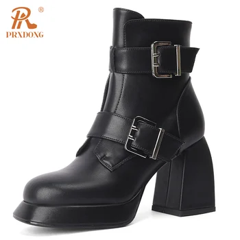 PRXDONG Из натуральной кожи 2023, осенне-зимние ботильоны на высоком квадратном каблуке, платформа, черное платье с пряжкой, женская обувь для вечеринок, Размер 34-40