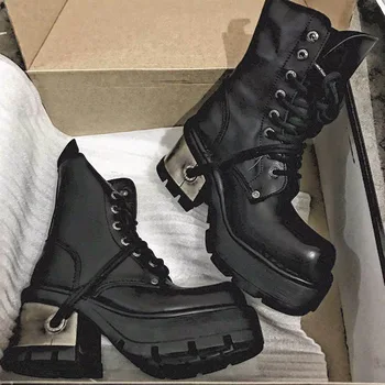 Роскошные Дизайнерские Ботинки до середины икры в стиле панк-готик, Женские Кожаные Модные Черные Мотоциклетные ботинки на платформе и высоком каблуке, Черная Женская обувь