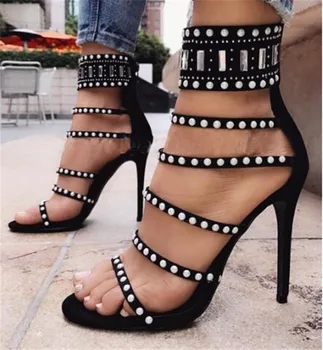 Летние Новые модные женские замшевые сандалии-гладиаторы со стразами, босоножки на высоком каблуке с кристаллами, модельные туфли