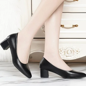 Женские тонкие туфли 2023, Весенняя новинка, женские туфли на массивном каблуке с острым носком для работы в офисе, женские туфли-лодочки на низком каблуке