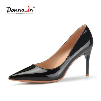 Весенние туфли из лакированной кожи черного цвета Donna для женщин, Офисная женская повседневная обувь на высоком каблуке 8 см, резиновая подошва без застежки