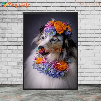Цветок Собака Милые плакаты с животными Альпака Современное настенное искусство Холст Живопись Настенные панно для гостиной Домашний декор Без рамок