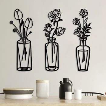 Художественное оформление внутренних стен, простая металлическая железная ваза, декор стен, черные подвесные цветочные скульптуры, художественное оформление стен, ваза для цветов