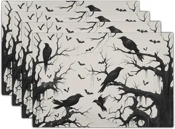 Льняные салфетки Crow на Хэллоуин, набор из 4-х 12x18-дюймовых воронов и летучих мышей в лесу, коврик для праздничного стола, термостойкий моющийся коврик для стола