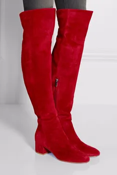 Модные красные замшевые сапоги на блочном каблуке, стильные женские сапоги до колена с круглым массивным каблуком простого дизайна, знаменитое новое поступление