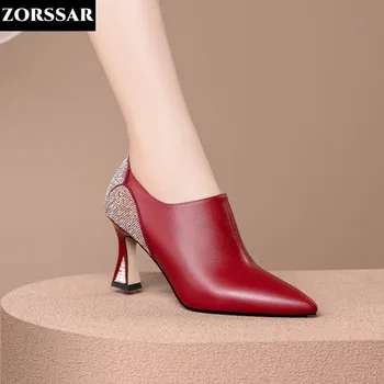 Красные туфли на высоком каблуке с острым носком из коровьей кожи, Роскошные офисные туфли со стразами, винтажные женские тонкие туфли без застежки