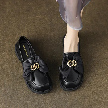 Женские туфли Lefu на толстой подошве, с толстыми каблуками и галстуками-бабочками, большого размера и маленькие кожаные туфли в стиле ретро для женщин на одну ногу