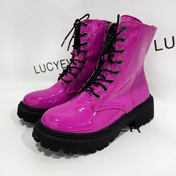 Женская обувь 2024 года, розовые ботильоны на шнуровке, женские мотоциклетные ботинки на платформе из лакированной кожи, женские короткие ботильоны на толстом каблуке на молнии