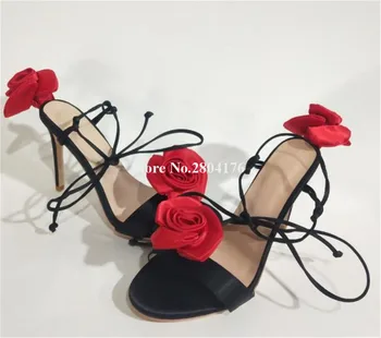 Женские Красивые босоножки на тонком каблуке, украшенные цветами, Красные, Белые, Черные, атласные модельные туфли на шнуровке, свадебные туфли на высоком каблуке